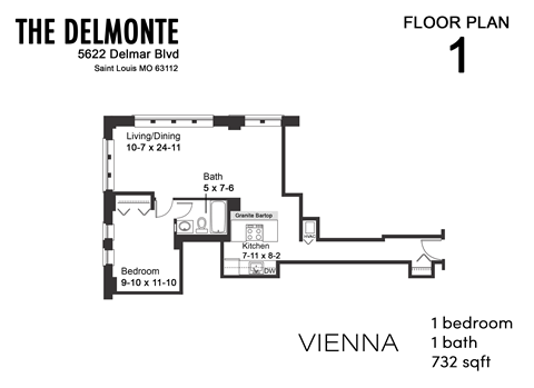Floor plan for 1 bed, 1 bath, 732 sqft